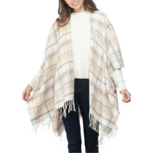 NWT!!! CHARTER CLUB plaid fringe women's ruana poncho -NEUTRAL